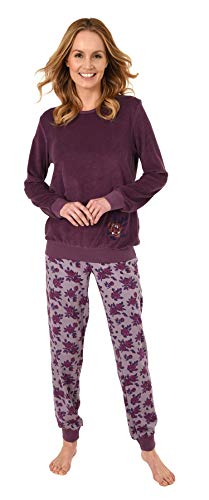 Damen Frottee Pyjama Langarm Schlafanzug mit Bündchen in eleganter floraler Optik - 63695, Farbe:Beere, Größe:40-42 von Creative by Normann