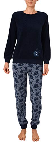 Damen Frottee Pyjama Langarm Schlafanzug mit Bündchen in eleganter floraler Optik - 63695, Farbe:Marine, Größe:48-50 von Creative by Normann