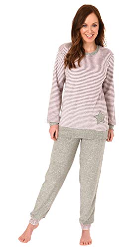 Damen Frottee Pyjama mit Bündchen Langarm Schlafanzug in toller Sterne Tupfen Optik- 65424, Farbe:Ringel, Größe:48-50 von Creative by Normann