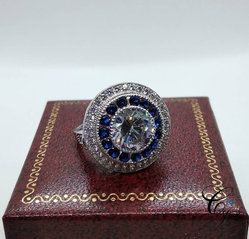 2.00Ct Rundschliff Und Saphir Antike Art-Deco-Verlobung Ehering in 925 Sterling Silber von CreativeByChirag