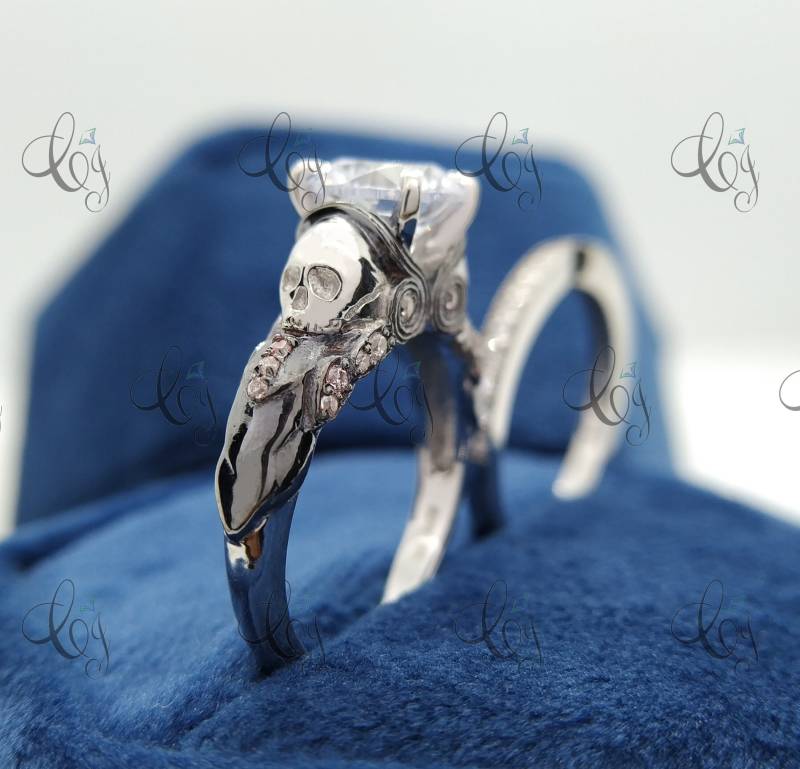 2.10Ct Rundschliff Moissanit Totenkopf Verlobungsring Mit Passendem Ehering in 925 Sterling Silber Ring Für Frauen Gothic Zwei von CreativeByChirag