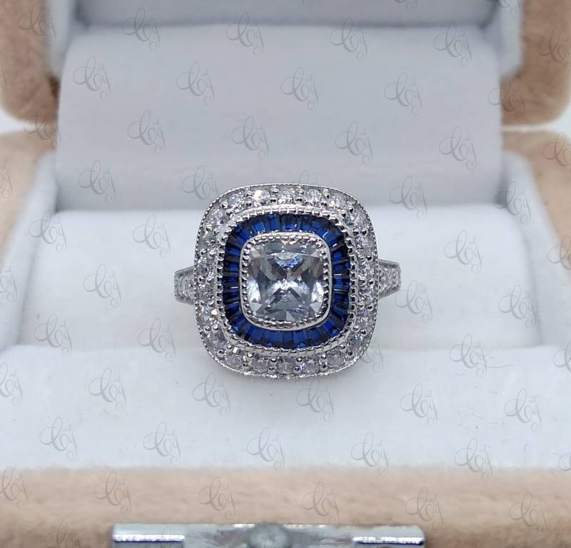 2.30 Karat Kissenschliff Diamant Saphir Antik Art Deco Verlobungsring 925 Sterling Silber - Ehering von CreativeByChirag