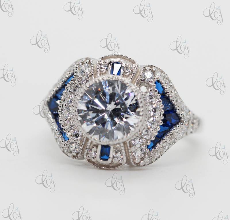 2.44Carat Weiß Rundschliff Und Saphir Vintage Art Deco Stil Verlobung Cocktail Ring in 925 Sterling Silber Antik Ehering Für Frauen von CreativeByChirag