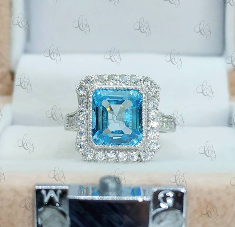 2.68 Ct Aquamarin Asscher Cut Antiker Art Deco Verlobungsring Aus 925 Sterling Silber von CreativeByChirag