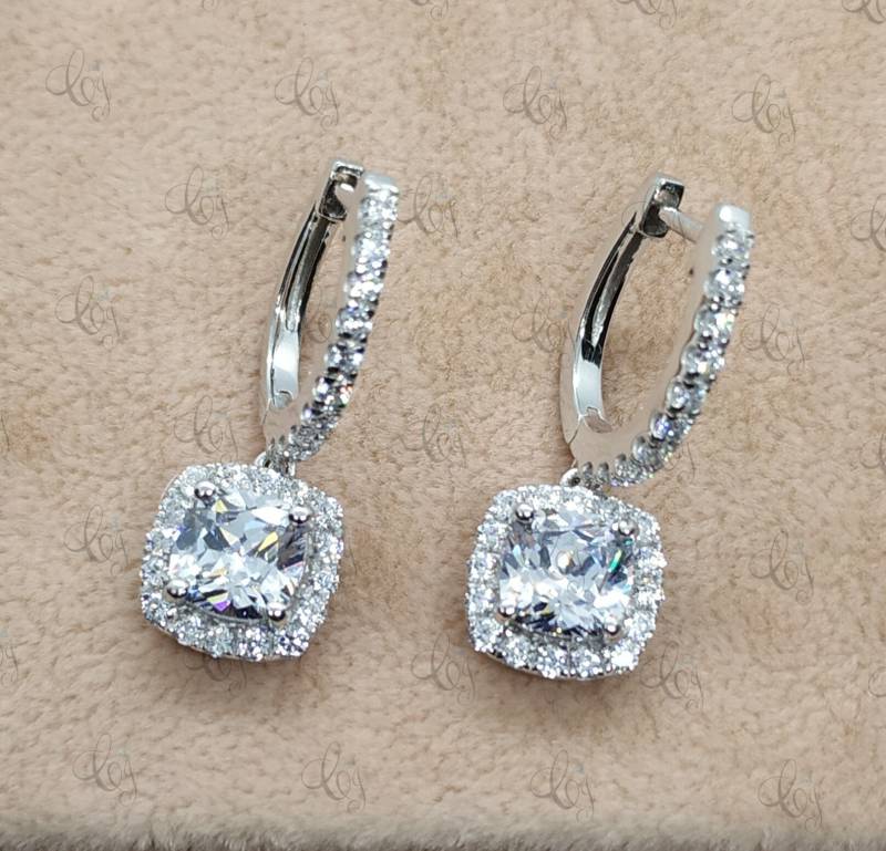 2.70 Ct Kissen Exzellente Geschnittene Halo Tropfen Ohrringe in 925 Sterling Silber - Ausgefallene Für Frauen Hochzeit Verlobung von CreativeByChirag