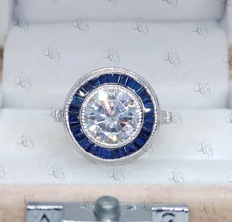 3.00 Ct Rundschliff Und Saphir Vintage Art Deco Verlobungsring in 925 Sterling Silber - Cocktail Ring von CreativeByChirag