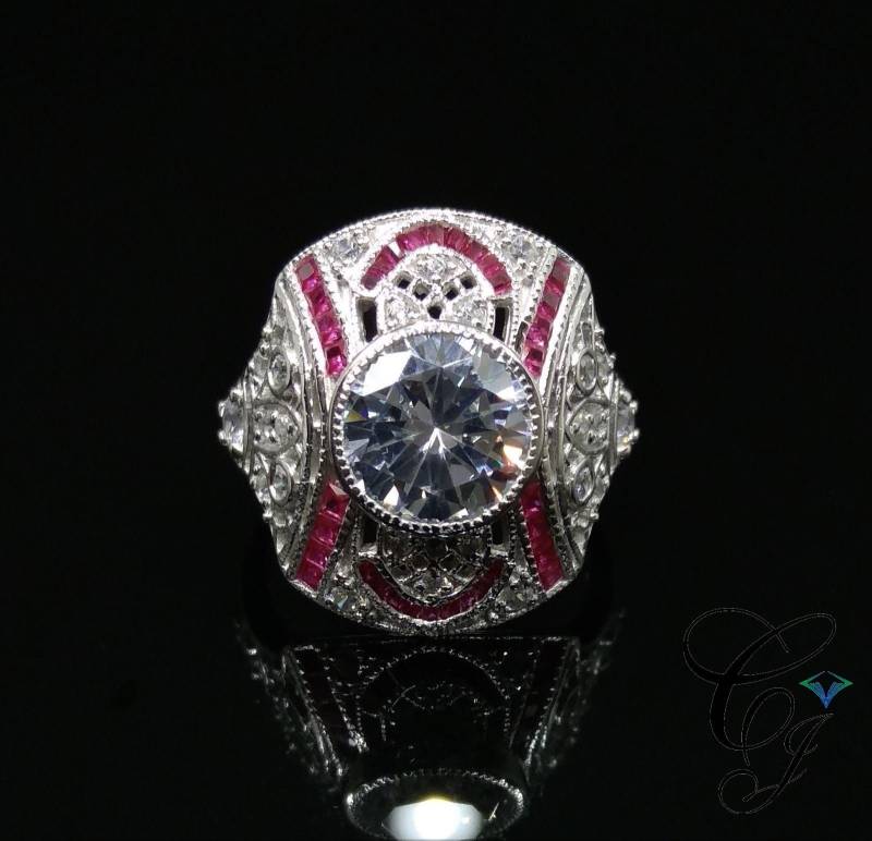 3.35Ct.tw Rundschliff Und Rubin Art Deco Verlobung Cocktail Ring in 925 Sterling Silber von CreativeByChirag