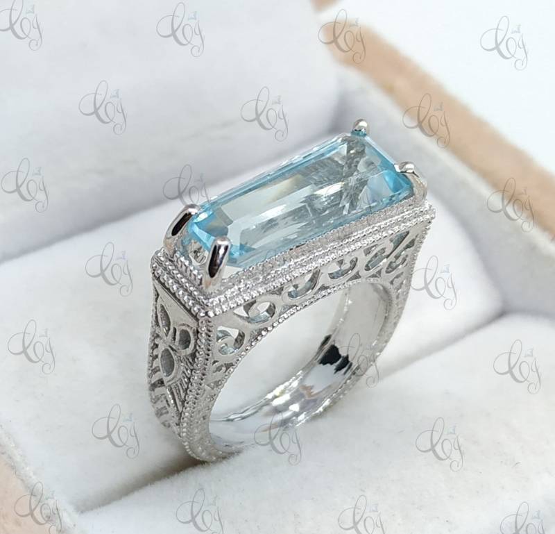 9 Karat Aquamarin Smaragd Schnitt Vintage Art Deco Verlobungsring Cocktail in 925 Sterling Silber Aqua Solitaire Ring von CreativeByChirag