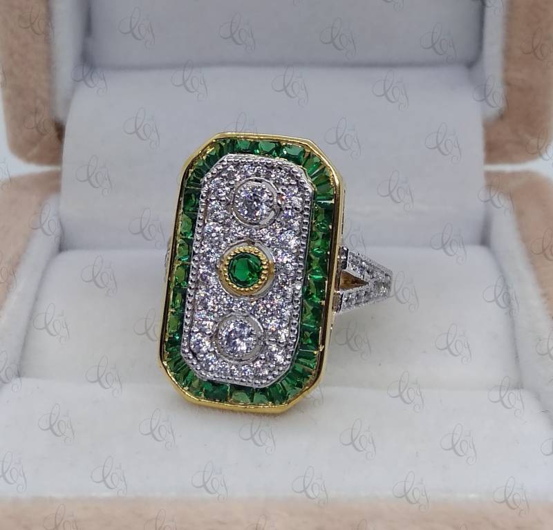 Art-Deco-3.60 Ct.tw Weißer Runder Schnitt Und Smaragd-Verlobungsring in 925 Sterlingsilber Für Damen von CreativeByChirag