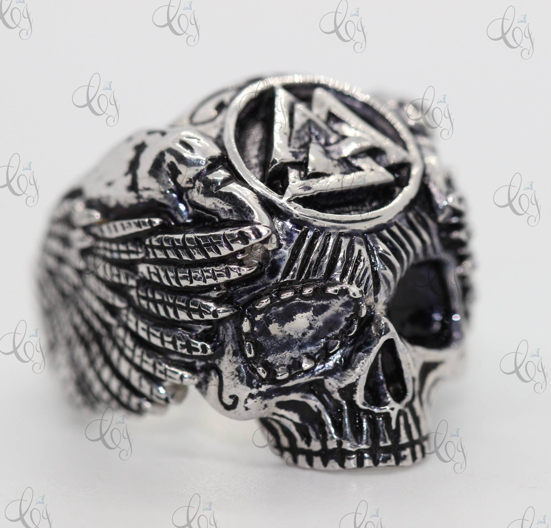 Einzigartiger Herren Totenkopf Odin Wikinger Mit Raben Und Valknut Ring Biker in Solid 925 Sterling Silber Reiter Gothic von CreativeByChirag
