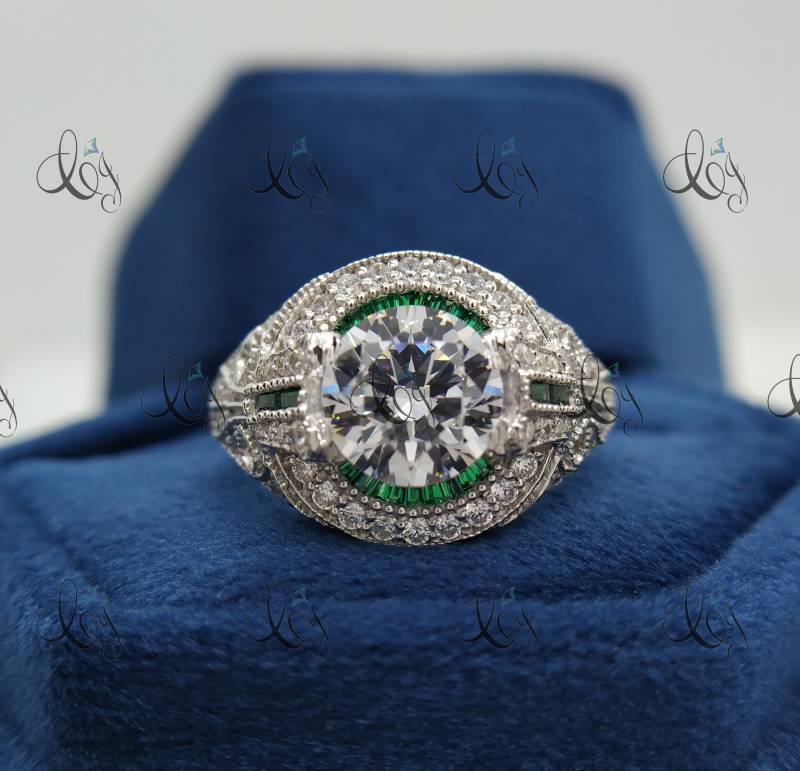 Vintage 2.40 Karat Rundschliff Und Smaragd Antik Art Deco Verlobungsring in 925 Sterling Silber Für Frauen Ehering Motiv Ring von CreativeByChirag
