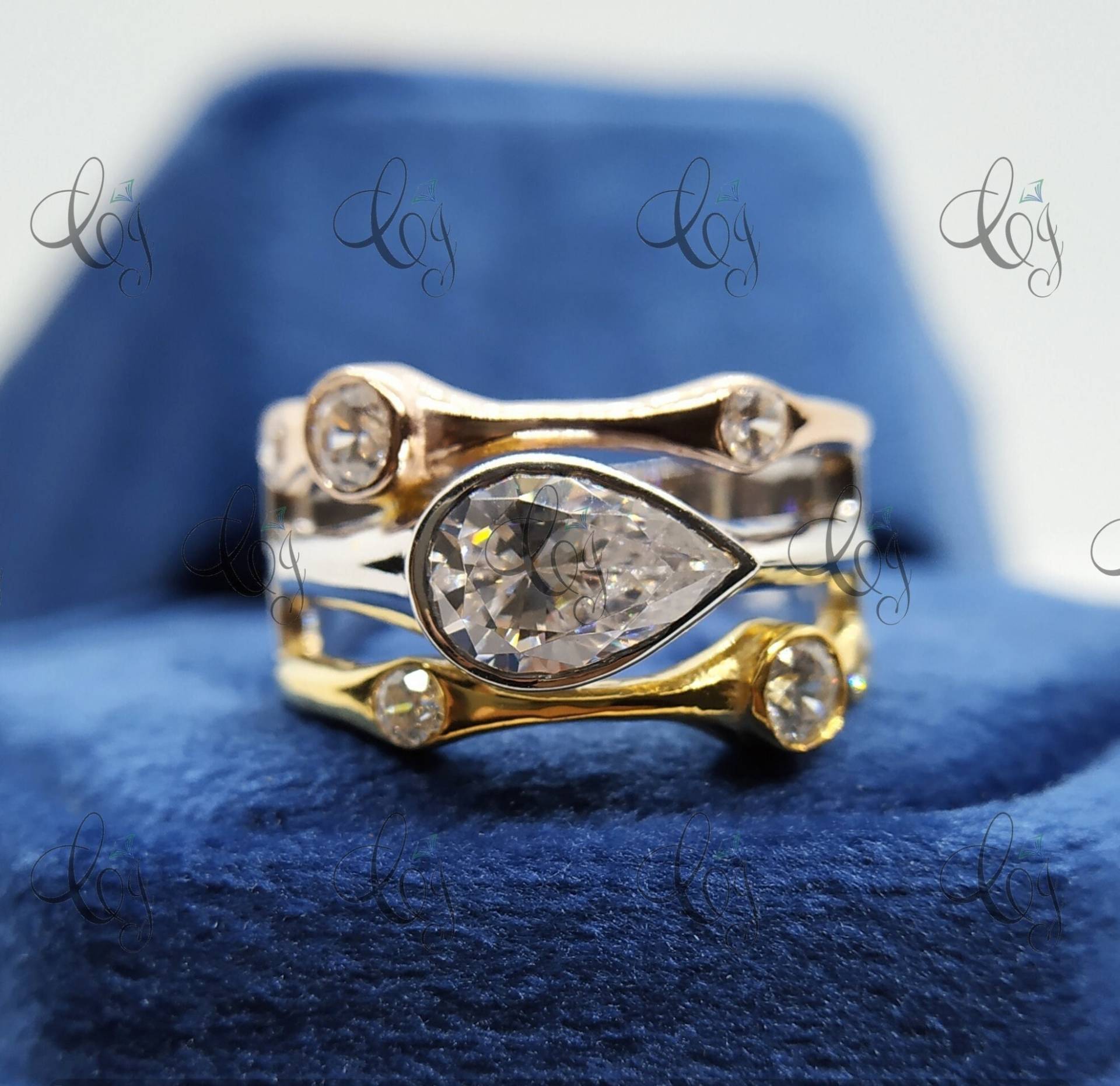 Wunderschönes Horizontales Lünetten Set Birnenform Verlobungsring Dreifarbig 925 Sterling Silber Für Frauen - Jubiläumsring Geschenk Sie von CreativeByChirag