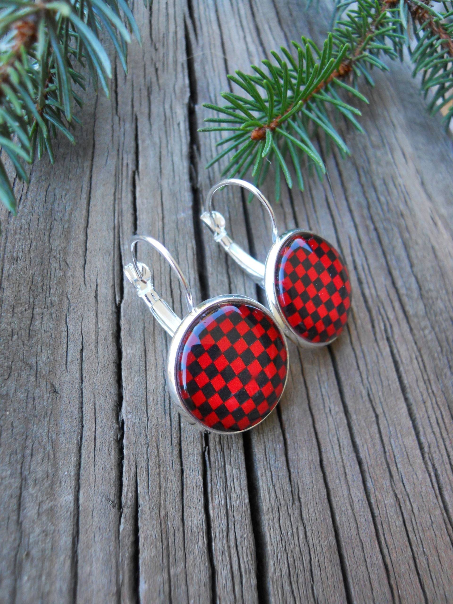 Rot Und Schwarz Ohrringe Baumeln Schachbrett Hebel Rücken Silber Oder Rotguss Georgien 16 Mm Glaskuppel Schwarz von CreativeByrdieDesign