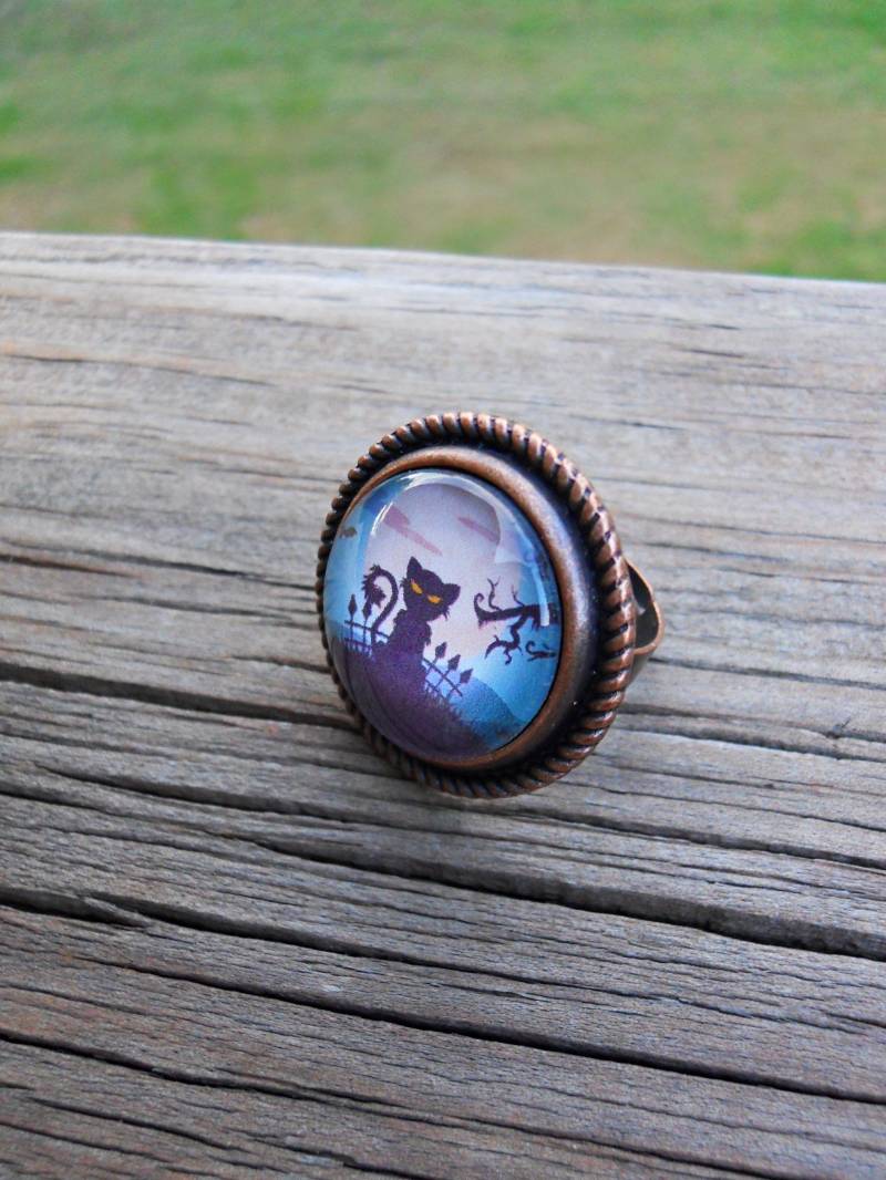 Schwarze Katzen-Halloween-Ring Verstellbares Band in Antik-Finish von CreativeByrdieDesign