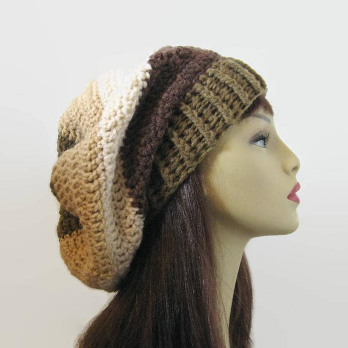 Gehäkelte Slouchy Hut Braun Slouch Dunkelbraun Mütze Gestreift Stricken Tam Beanie von CreativeDesignsbyAmi
