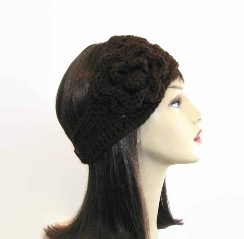Gehäkeltes Stirnband Mit Blume Braun Ohrwärmer Dunkelbraunes Braunes Gestricktes Kopfband Braunes Haarband von CreativeDesignsbyAmi