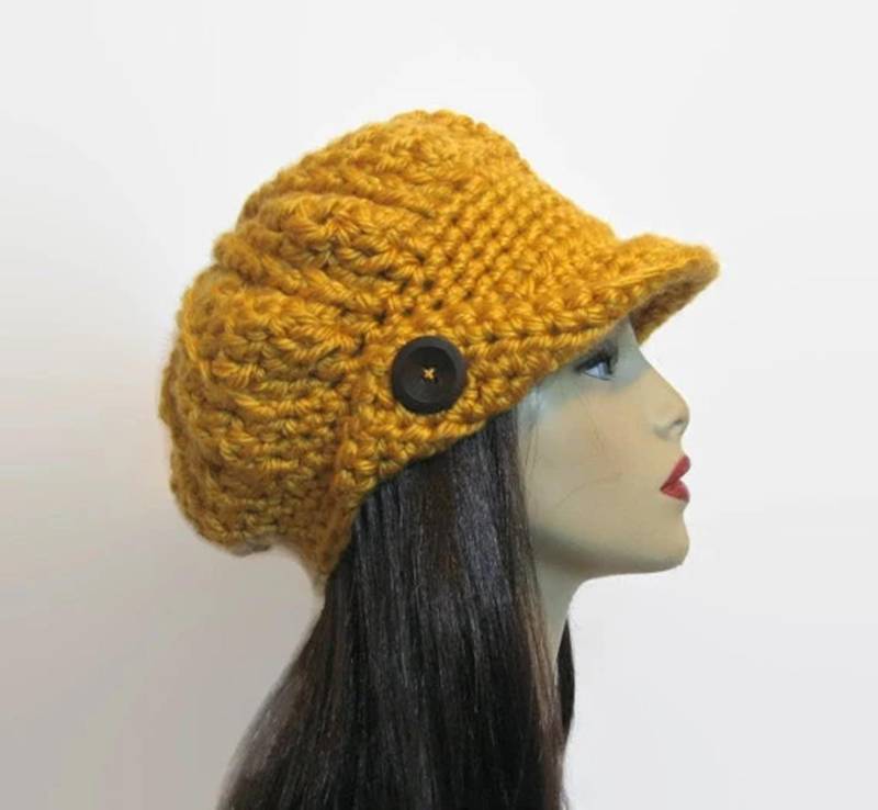 Gold Erwachsenen Ballon-Hut Gehäkelte Schiebermütze Strickmütze Mit Visor Damen Senf Mütze Krempe Gold-Hut von CreativeDesignsbyAmi