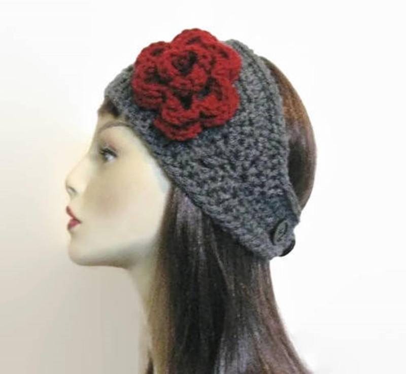 Graues Gehäkeltes Stirnband, Anthrazit Gestricktes Dunkelgraues Ohrwärmer Mit Blume Gestricktes, Dickes Dickes, Graues Anthrazitfarbener von CreativeDesignsbyAmi