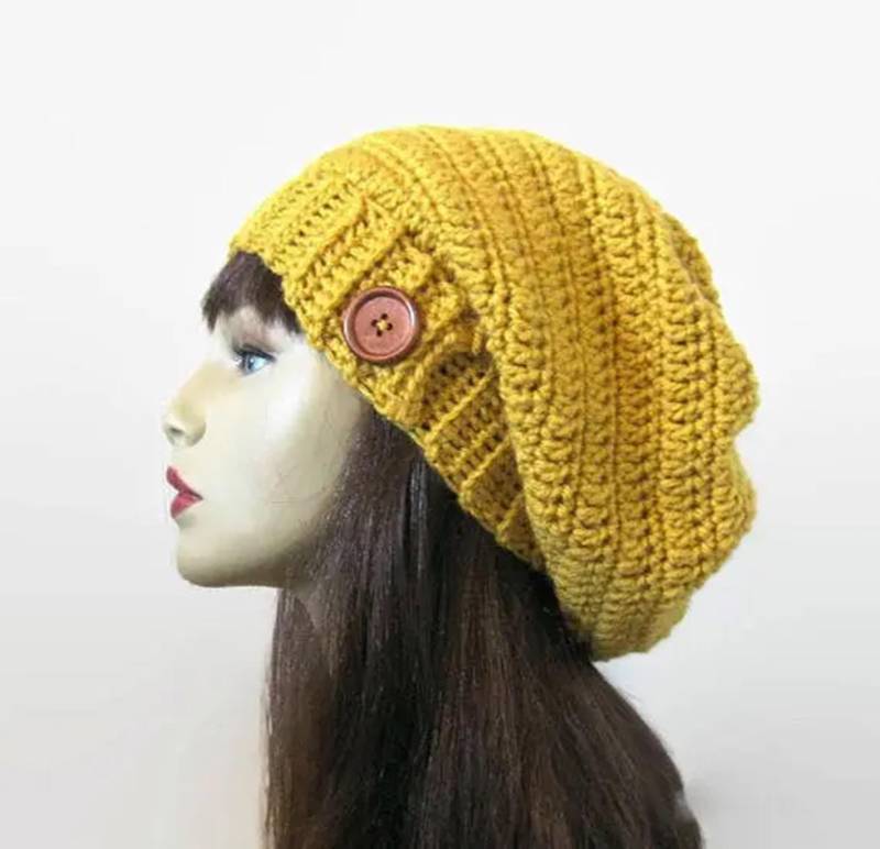 Slouchy Mustard Hat With Button Gold Crochet Hat Gelbe Beanie Mustard Slouch Strickmütze Slouchy Cap von CreativeDesignsbyAmi