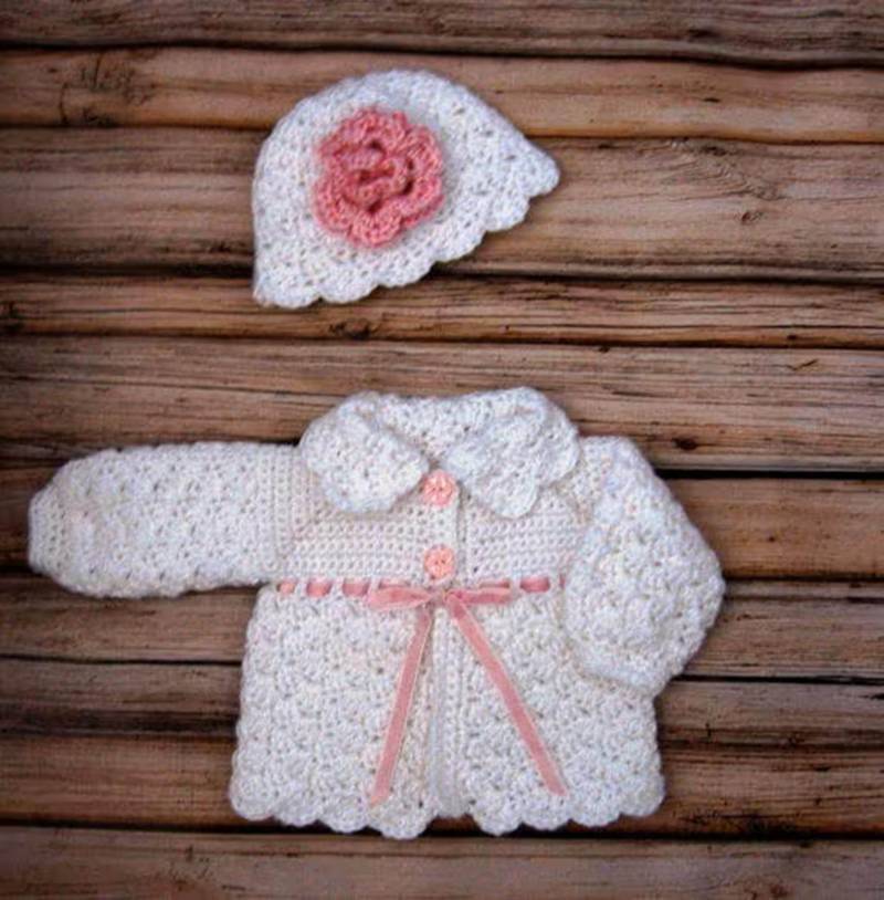 Weiß Gehäkelte Baby Pullover Set Stricken Mädchen Strickjacke Und Mütze Häkeln Neugeborenen Kleinkind Jacke von CreativeDesignsbyAmi