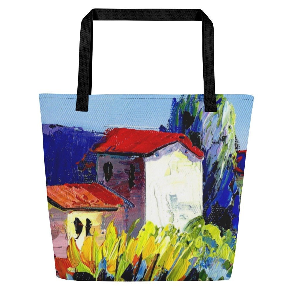 Landschaft Kunstdruck Riesige Designer-Einkaufstasche, Geschenk Für Sie, Geburtstagsgeschenk, Cottage Einkaufstasche von CreativeDesignzbyEm