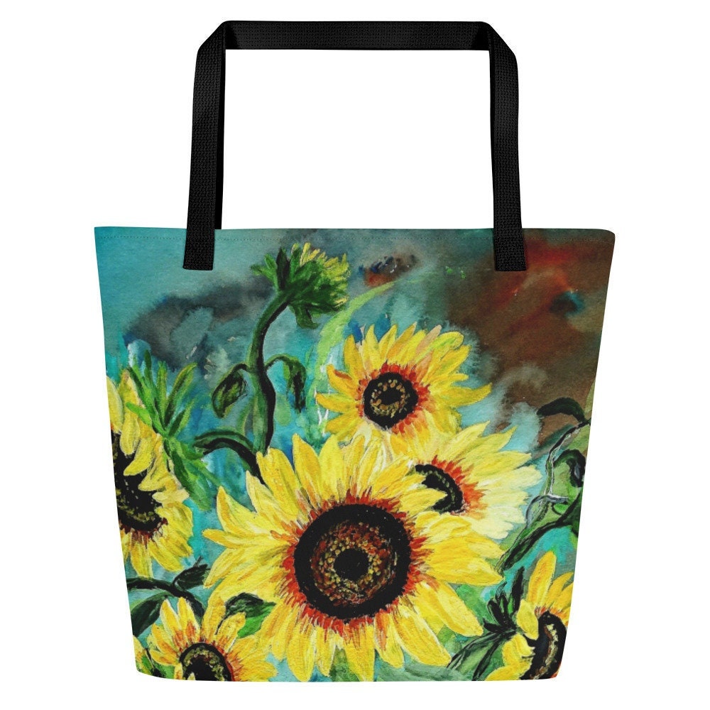 Sonnenblumen Riesige Designer-Einkaufstasche, Geschenk Für Sie, Geburtstagsgeschenk, Blumen-Kunstdruck-Einkaufstasche Aus Polyester von CreativeDesignzbyEm