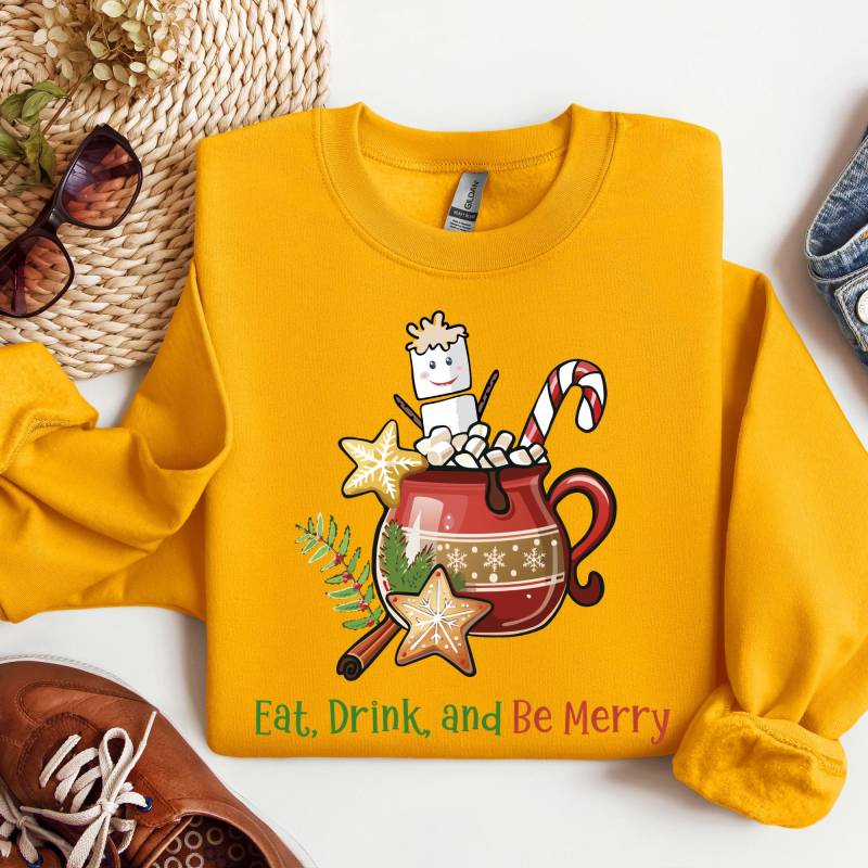 Sweatshirt Hot Cacao, Eat, Drink & Be Merry, Unisex, Round Neck, Christmas Cookies, Candy Cane, Marshmallows, Mug, Cup von CreativeMaterial