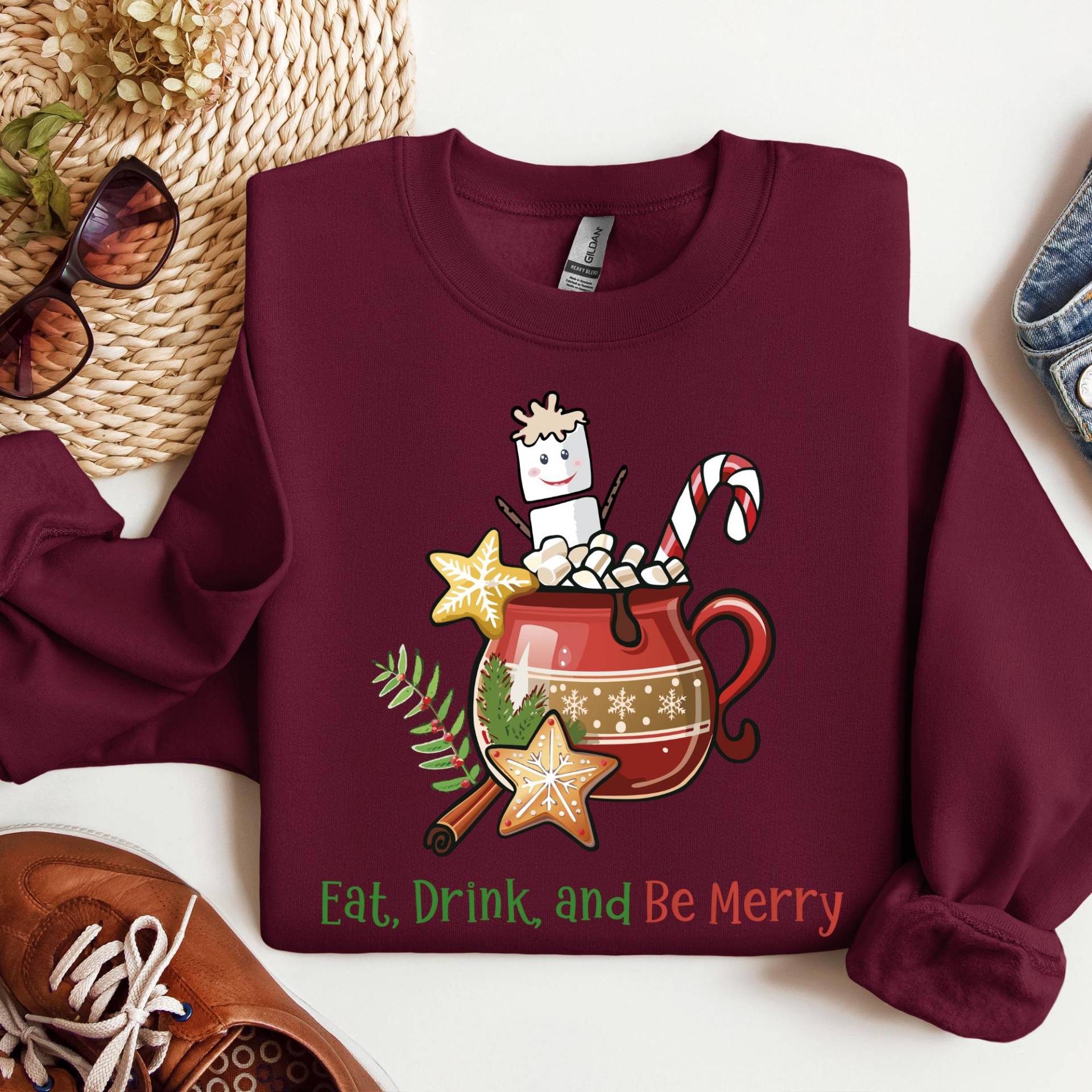 Sweatshirt Hot Cacao, Eat, Drink & Be Merry, Unisex, Round Neck, Christmas Cookies, Candy Cane, Marshmallows, Mug, Cup von CreativeMaterial