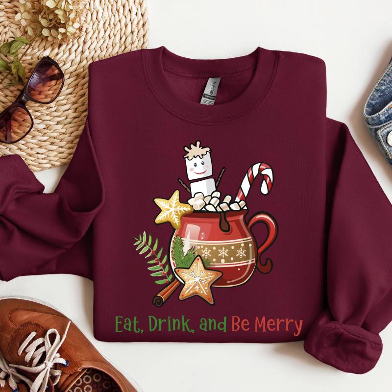 Sweatshirt Hot Cacao, Eat, Drink & Be Merry, Unisex, Round Neck, Christmas Cookies, Candy Cane, Marshmallows, Mug, Cup von CreativeMaterial