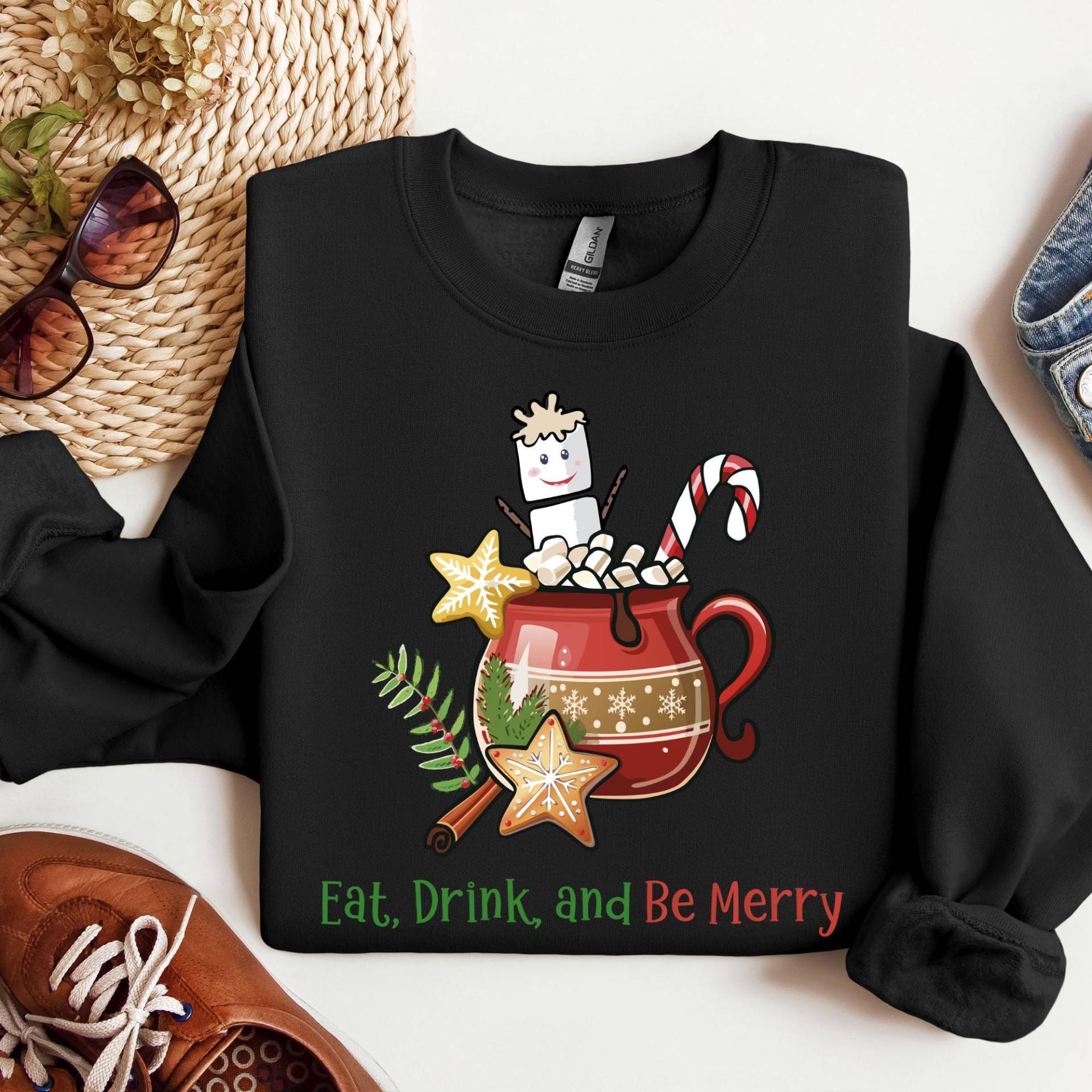 Sweatshirt Hot Cacao, Eat, Drink & Be Merry, Unisex, Round Neck, Christmas Cookies, Candy Cane, Marshmallows, Mug, Cup von CreativeMaterial
