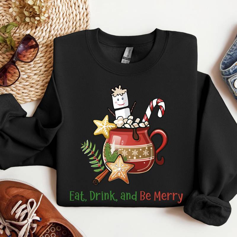 Sweatshirt Hot Cacao, Eat, Drink & Be Merry, Unisex, Round Neck, Christmas Cookies, Candy Cane, Marshmallows, Mug, Cup von CreativeMaterial