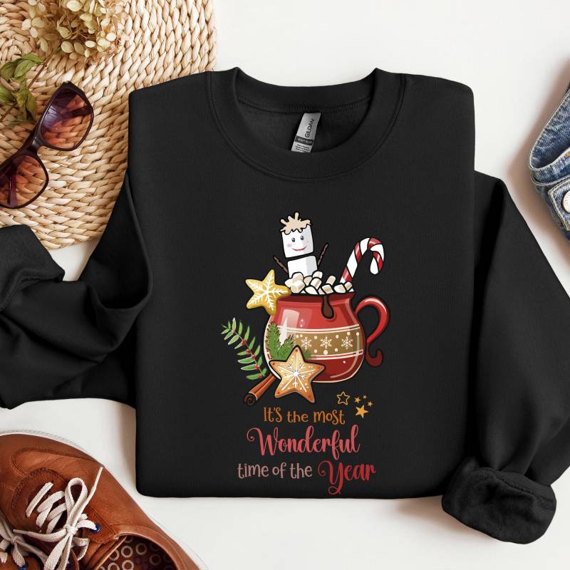 Sweatshirt Hot Cacao, Most Wonderful Time Of The Year, Unisex, Round, Christmas Cookies, Candy Cane, Marshmallows, Marshmallow Man, Cup von CreativeMaterial