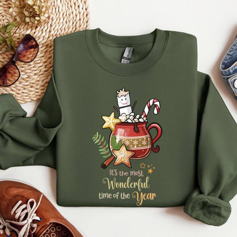 Sweatshirt Hot Cacao, Most Wonderful Time Of The Year, Unisex, Round, Christmas Cookies, Candy Cane, Marshmallows, Marshmallow Man, Cup von CreativeMaterial