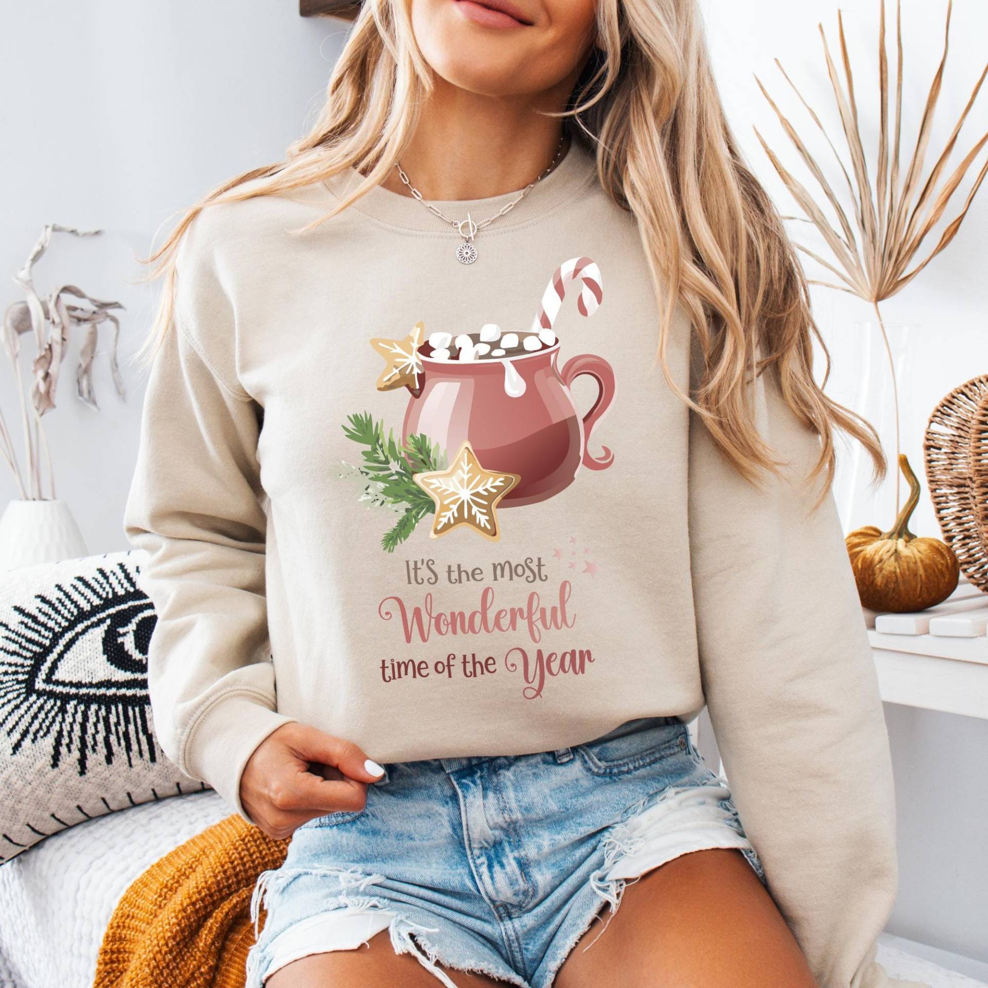 Sweatshirt Hot Cacao, Most Wonderful Time Of The Year, Unisex, Round Neck, Christmas Cookies, Candy Cane, Marshmallows, Mug, Cup, Winter von CreativeMaterial