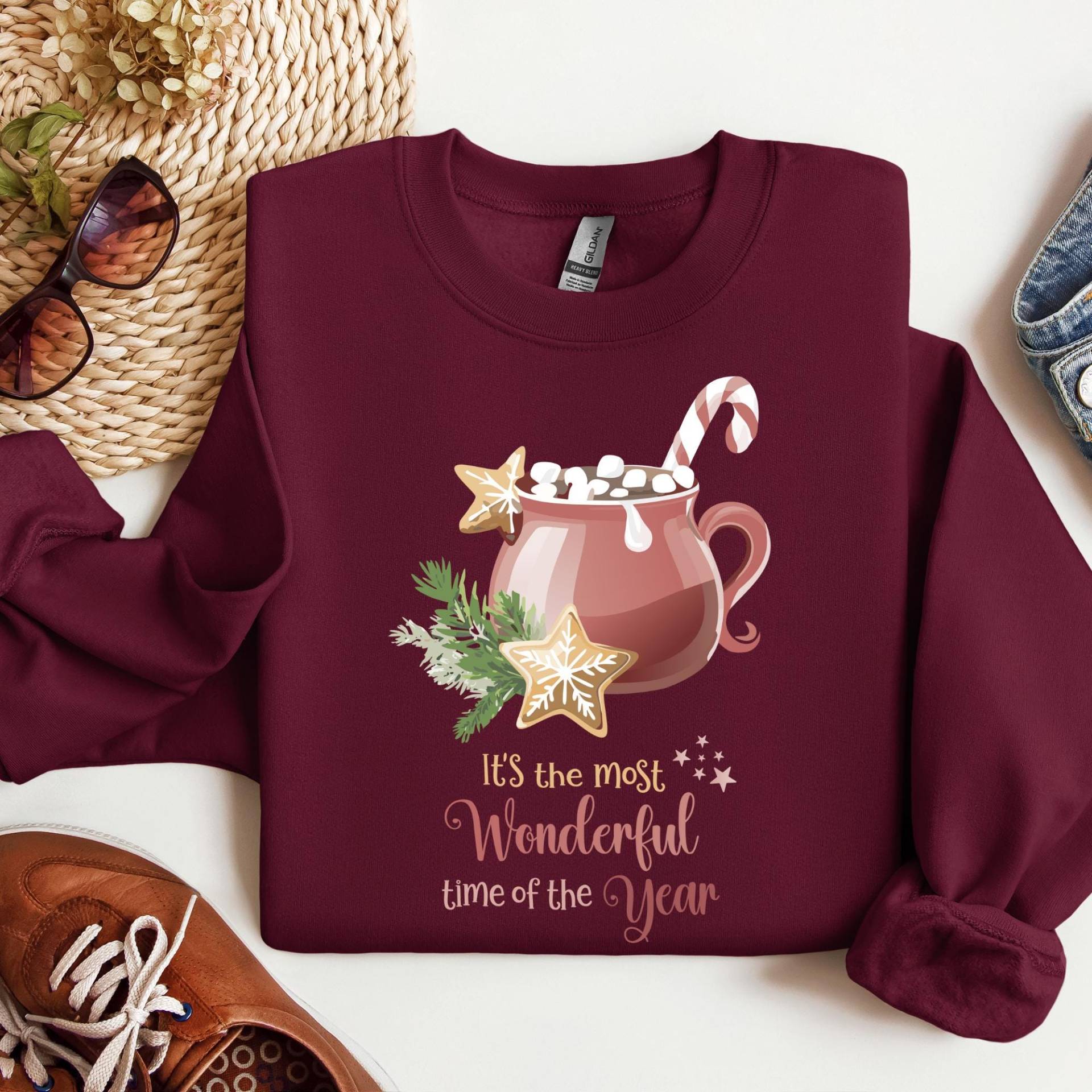 Sweatshirt Hot Cacao, Most Wonderful Time Of The Year, Unisex, Round Neck, Christmas Cookies, Candy Cane, Marshmallows, Mug, Cup, Winter von CreativeMaterial
