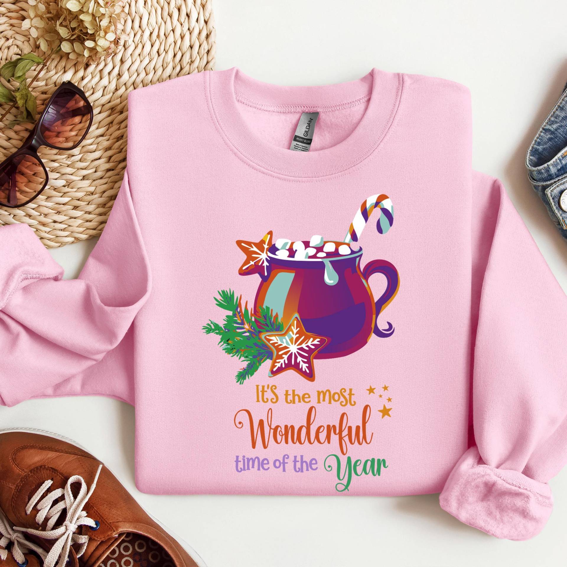 Sweatshirt Hot Cacao, Most Wonderful Time Of The Year, Unisex, Round Neck, Christmas Cookies, Candy Cane, Marshmallows, Mug, Cup, Winter von CreativeMaterial