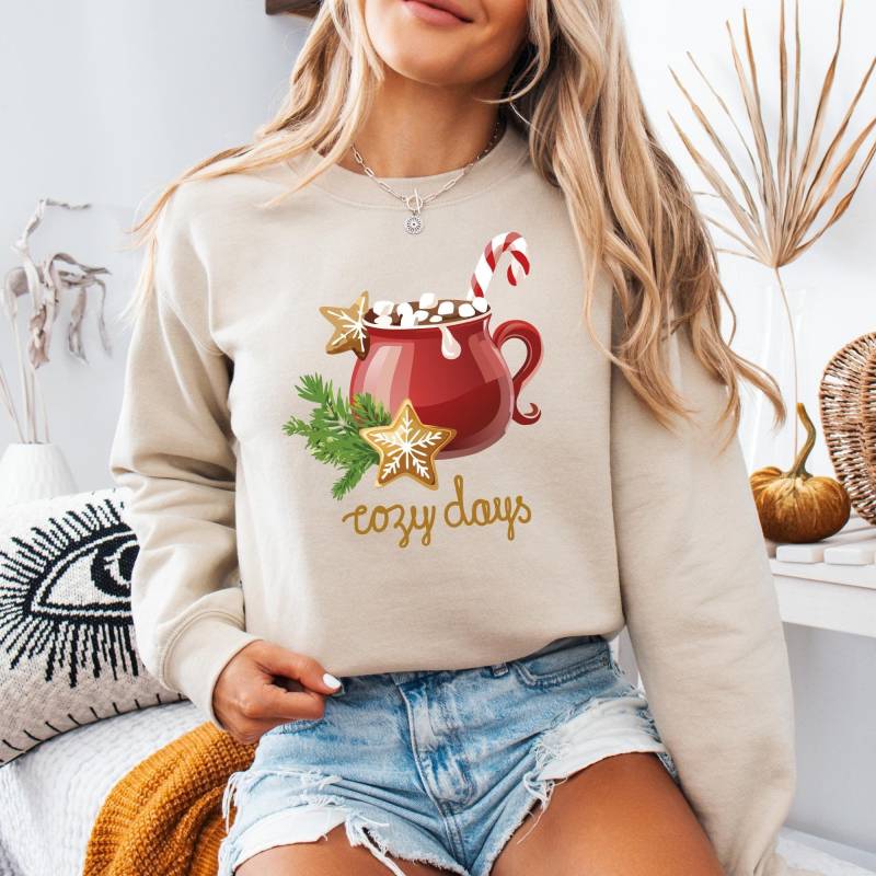 Sweatshirt Hot Cacao Cozy Days Unisex, Round Neck, Winter, Christmas Cookies, Fir Branch, Candy Cane, Marshmallows, Cozy, Tea Time, Advent von CreativeMaterial