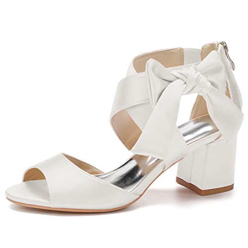 Creativesugar Damen Sandalen mit dickem Absatz Satin Abendkleid Schuhe mit weichem Bowknot, Elfenbein, 38.5 EU von Creativesugar