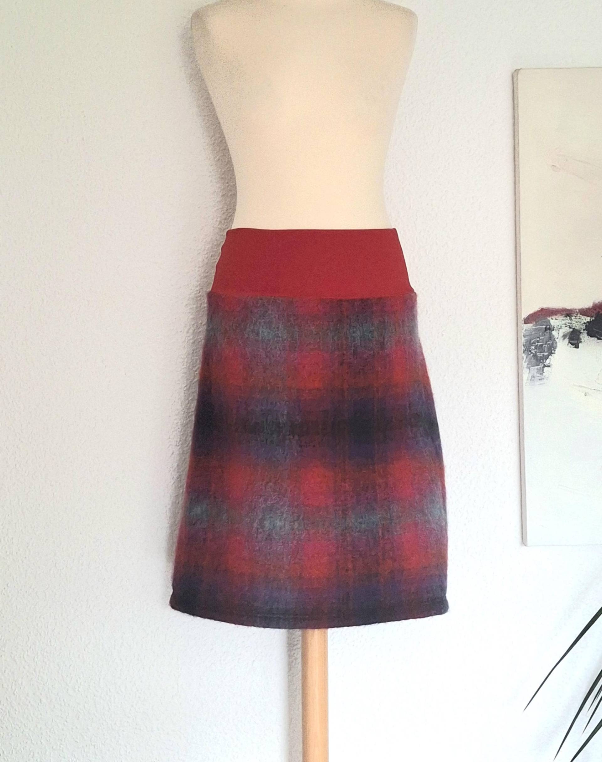 Wollrock Knielang Rot/Pink/Lila/Blau Karo Mit Jersey - Bund von Creativstoffe