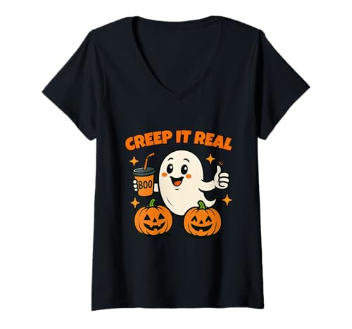 Damen Creep It Real Funny Halloween Cute Ghost and Pumpkin T-Shirt mit V-Ausschnitt Damen Creep It Real Funny Halloween Cute Ghost and Pumpkin T-Shirt mit V-Ausschnitt von Creep it Real Spooky Ghost Halloween Costume