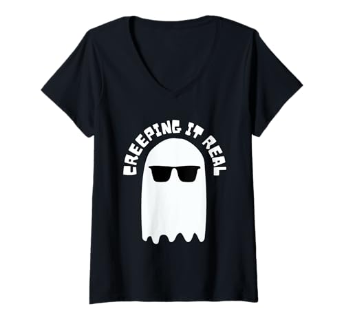 Damen Lustige Halloween Creeping It Real Fall Retro Ghost Sonnenbrille T-Shirt mit V-Ausschnitt von Creeping It Real Halloween Ghost