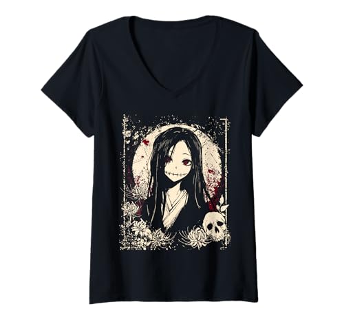 Damen Dark Anime Girl Japanese Horror Creepy Floral Gothic T-Shirt mit V-Ausschnitt von Creepy Anime Aesthetic Horror Manga Fans Tee