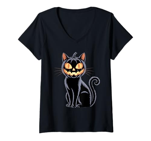 Damen Gruselige Halloween Schwarze Katze Kürbis Jack-O-Lantern Männer Frauen T-Shirt mit V-Ausschnitt von Creepy Black Cat Jack-O-Lantern Halloween Kids