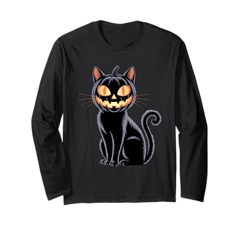 Gruselige Halloween Schwarze Katze Kürbis Jack-O-Lantern Männer Frauen Langarmshirt von Creepy Black Cat Jack-O-Lantern Halloween Kids