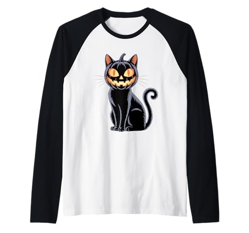 Gruselige Halloween Schwarze Katze Kürbis Jack-O-Lantern Männer Frauen Raglan von Creepy Black Cat Jack-O-Lantern Halloween Kids