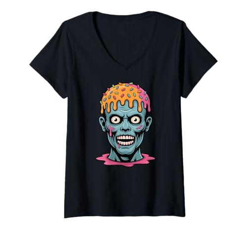 Damen Zombie Mit Streuseln Tropfende Halloween Zombie Donut T-Shirt mit V-Ausschnitt Damen Zombie Mit Streuseln Tropfende Halloween Zombie Donut T-Shirt mit V-Ausschnitt von Creepy Candy Zombie Eiscreme Liebhaber Sprinkle