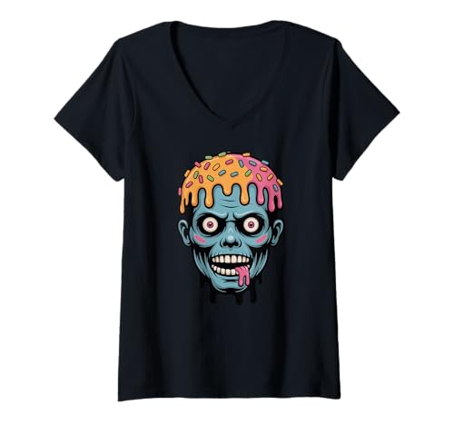 Damen Zombie Mit Streuseln Tropfende Halloween Zombie Donut T-Shirt mit V-Ausschnitt Damen Zombie Mit Streuseln Tropfende Halloween Zombie Donut T-Shirt mit V-Ausschnitt von Creepy Candy Zombie Eiscreme Liebhaber Sprinkle
