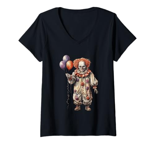 Damen Vintage Scary Clown Spooky Balloons T-Shirt mit V-Ausschnitt Damen Vintage Scary Clown Spooky Balloons T-Shirt mit V-Ausschnitt von Creepy Clown Halloween Costume Fun