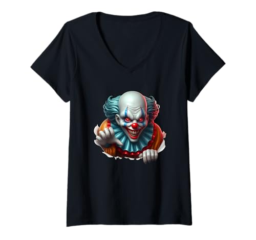 Damen Gruseliger Clown gruselige Halloween-Kostümkunst T-Shirt mit V-Ausschnitt von Creepy Clown Halloween Horror Design