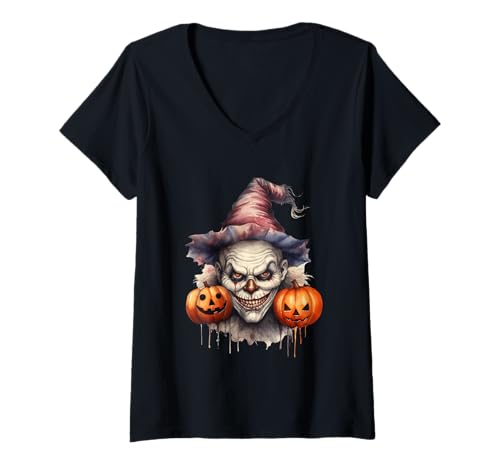 Damen Spooky Clown with Pumpkins for Halloween T-Shirt mit V-Ausschnitt Damen Spooky Clown with Pumpkins for Halloween T-Shirt mit V-Ausschnitt von Creepy Clown Halloween Jokester Fear